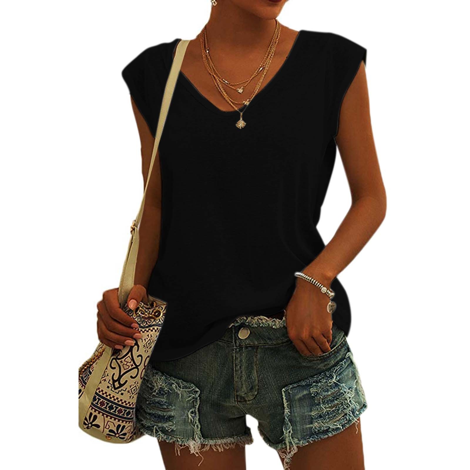 thumbnail image 2 of Camiseta básica de verano para mujer, holgada, con cuello en V y manga corta, sin mangas., 2 of 8